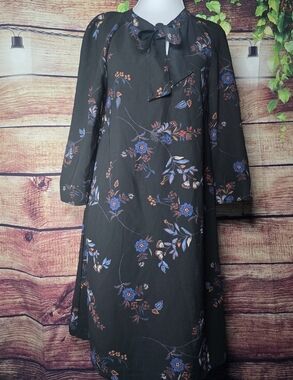 H&M Black Floral Tie-Neck Long Sleeve Dress with Blue & Brown Accents